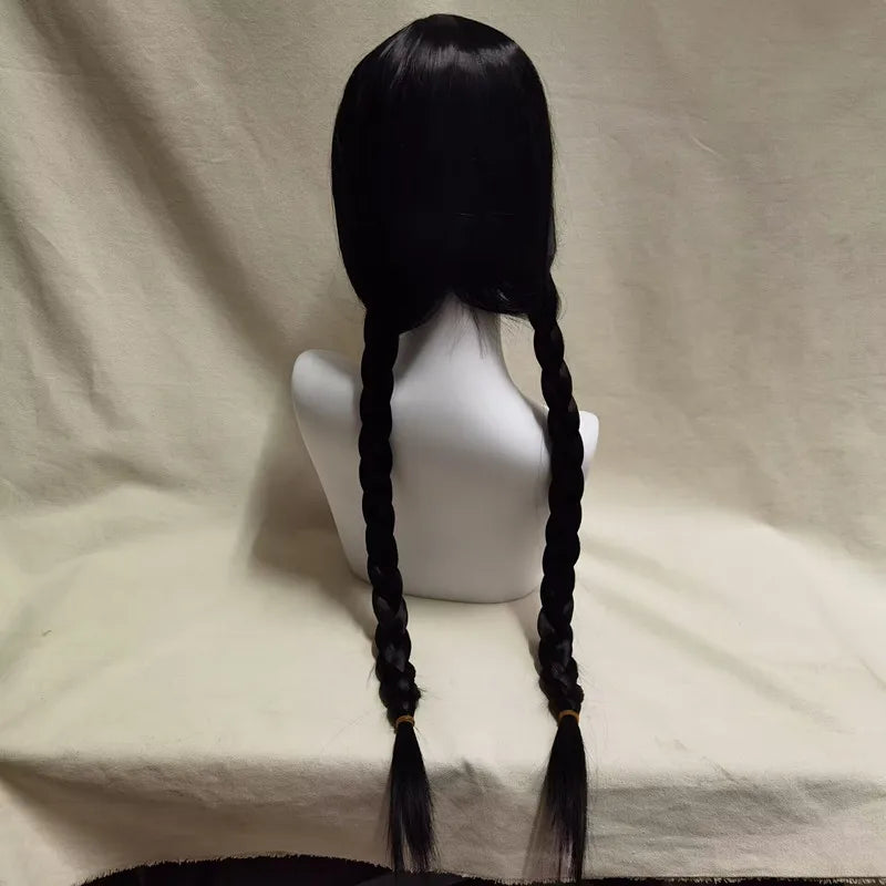 Wednesday Cosplay Wig for Girls – Long Black Braided Pigtails with Bangs