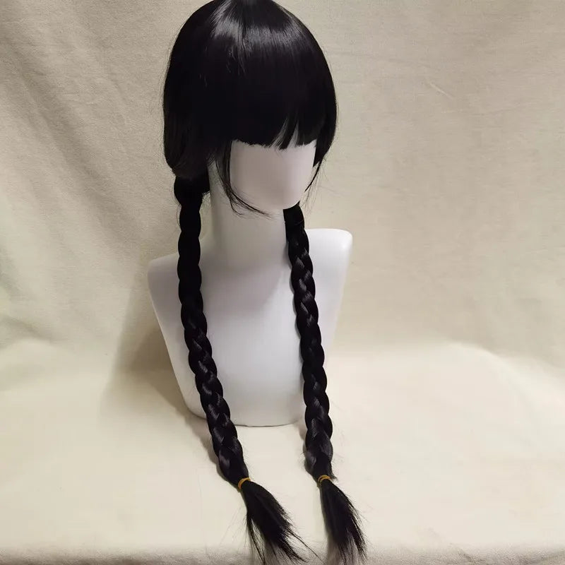 Wednesday Cosplay Wig for Girls – Long Black Braided Pigtails with Bangs
