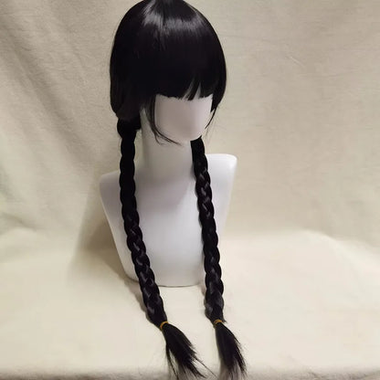 Wednesday Cosplay Wig for Girls – Long Black Braided Pigtails with Bangs