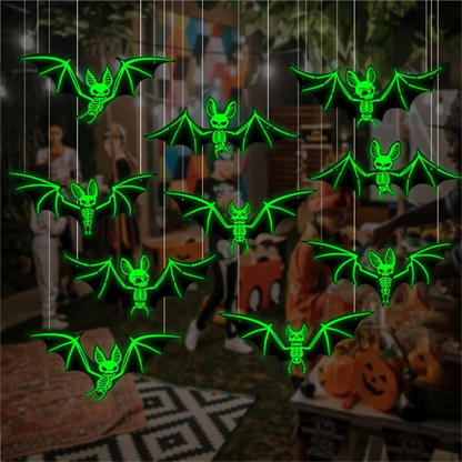 10pcs Glow-in-the-Dark 3D Bats – Green Hanging Halloween Decorations for Haunted Houses & Parties