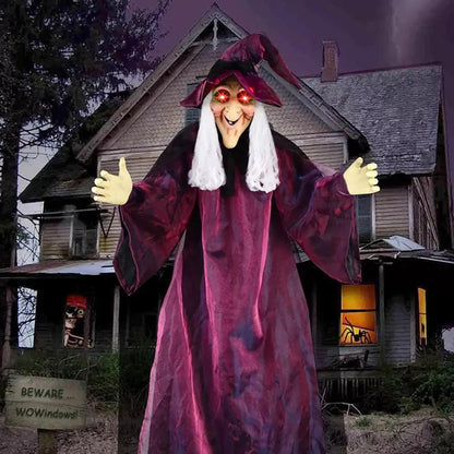 Life-Size Talking Witch – Voice-Controlled Animatronic with Glowing Eyes & Screams | Spooky Outdoor Halloween Decor