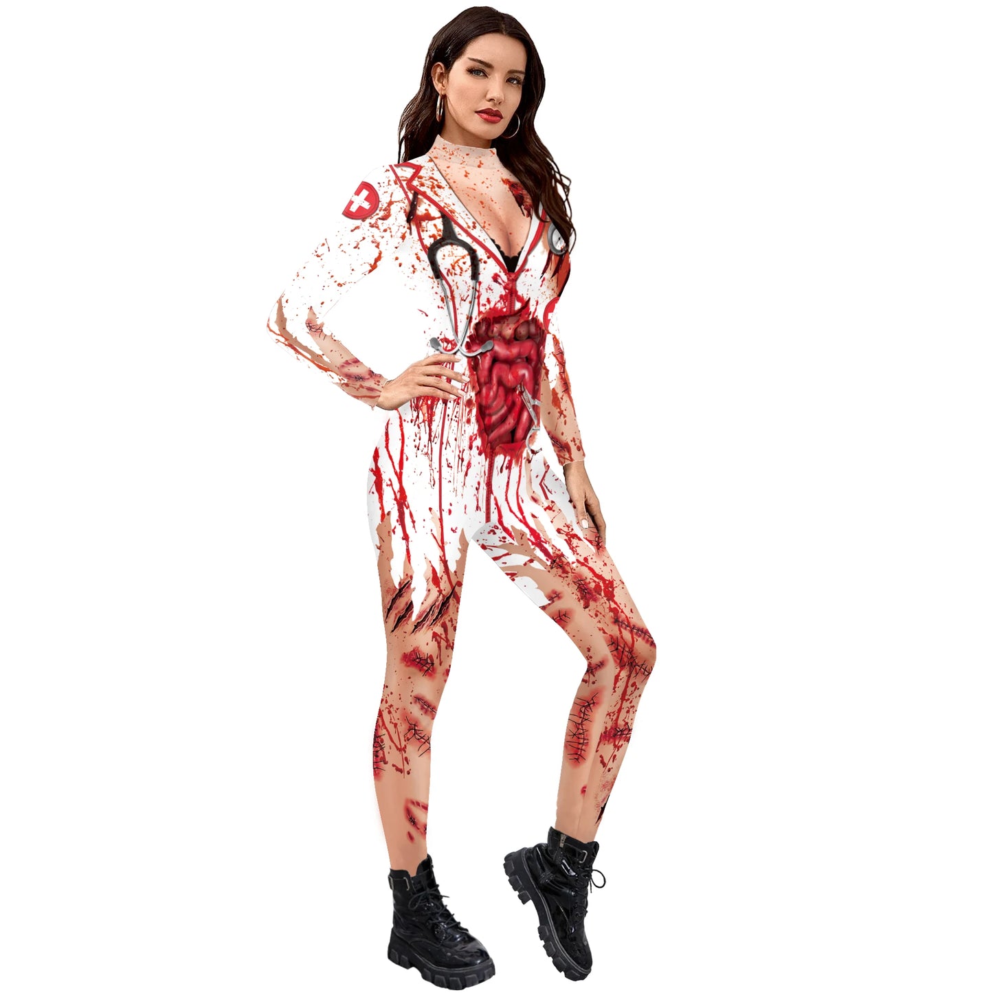 Women's Scary Bloody Print Bodysuit – Halloween Carnival Cosplay Romper