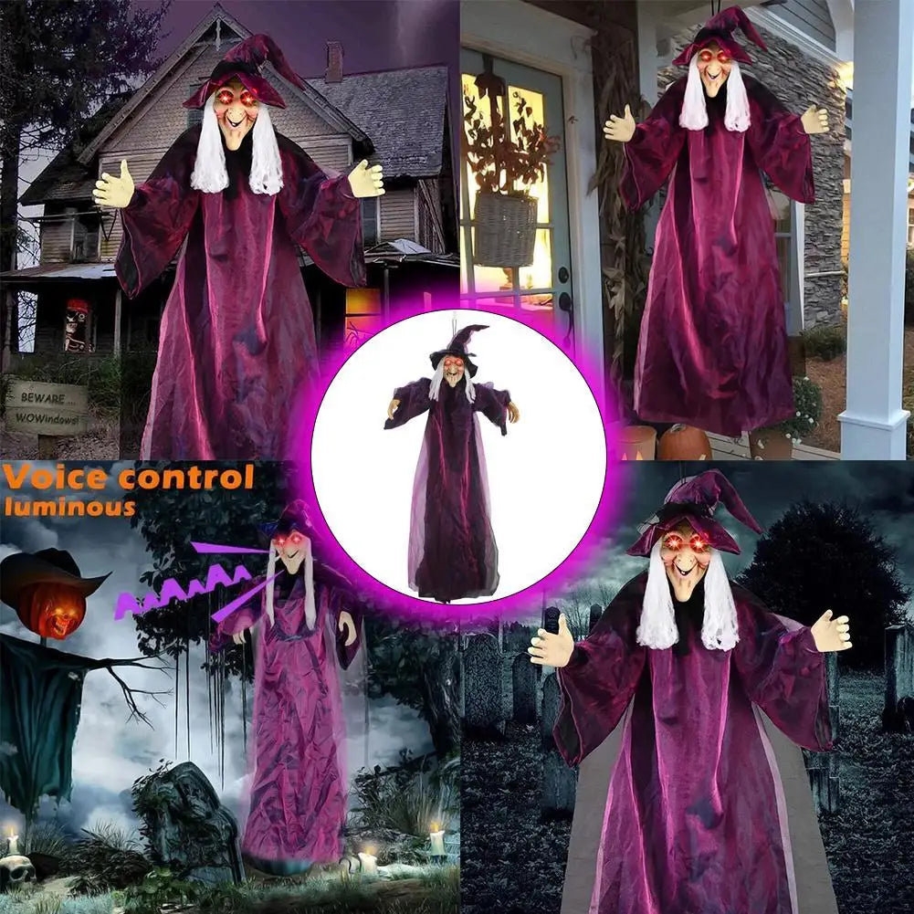 Life-Size Talking Witch – Voice-Controlled Animatronic with Glowing Eyes & Screams | Spooky Outdoor Halloween Decor
