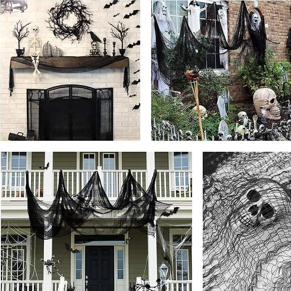 76x183cm Black Creepy Halloween Gauze – Spooky Cloth for Window, Door, Wall, or Table Decor.