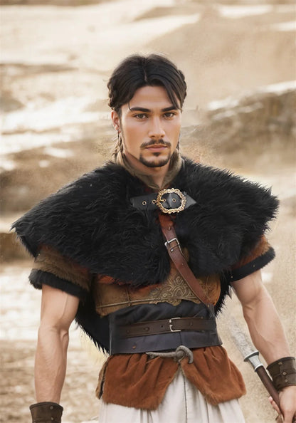 Viking Fur Collar Cloak – Men’s Medieval Renaissance Warrior Cape for Halloween & LARP.