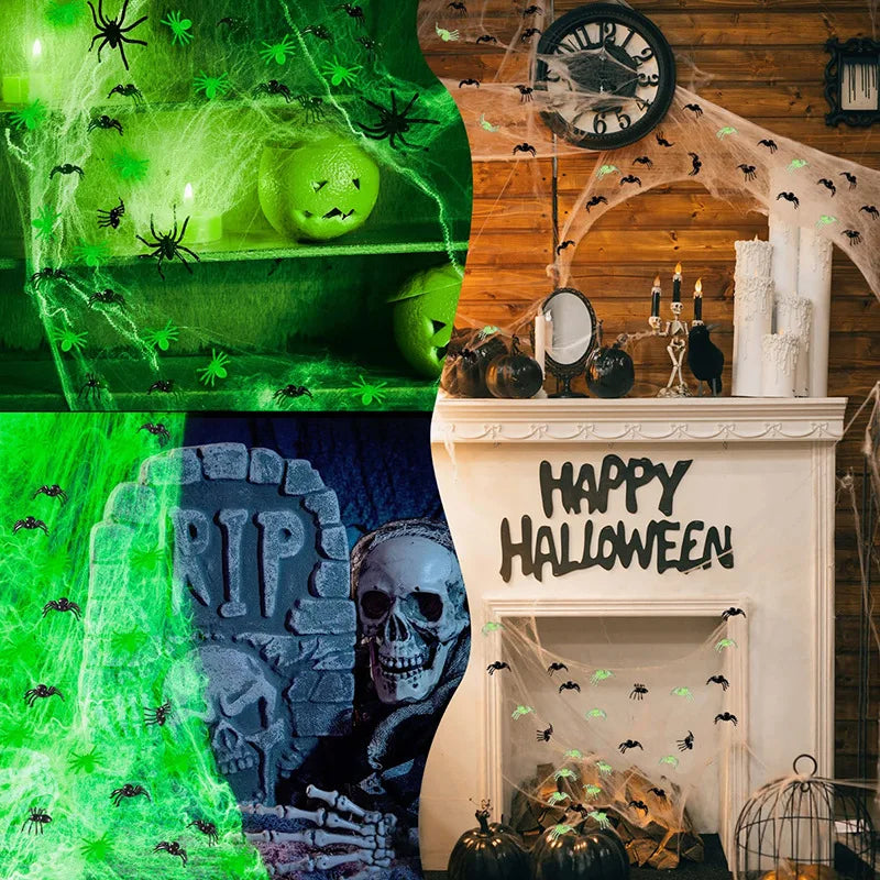 2025 Halloween Glowing Spider Webs – Luminous Cobweb & Spiders for Haunted House Decor