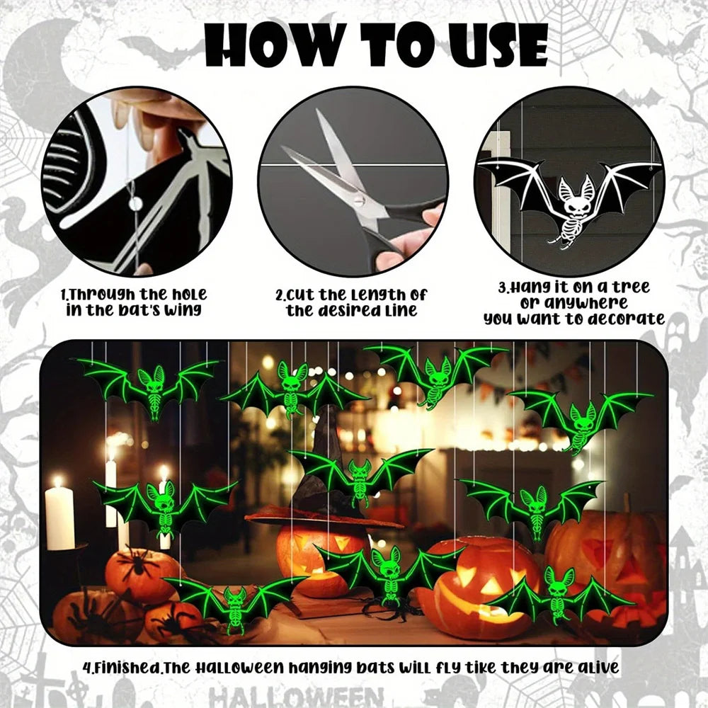 10pcs Glow-in-the-Dark 3D Bats – Green Hanging Halloween Decorations for Haunted Houses & Parties