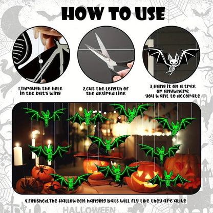 10pcs Glow-in-the-Dark 3D Bats – Green Hanging Halloween Decorations for Haunted Houses & Parties
