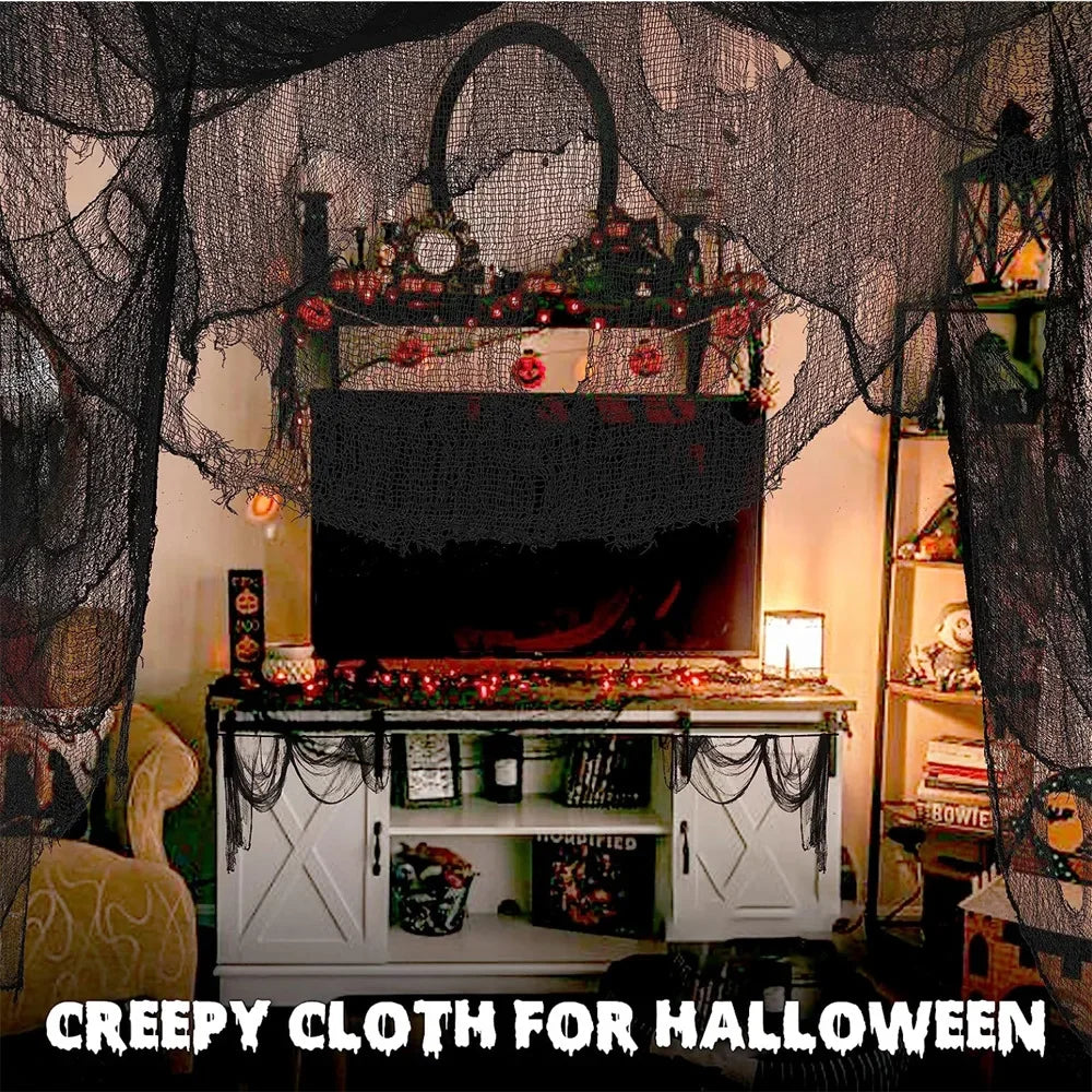 76x183cm Black Creepy Halloween Gauze – Spooky Cloth for Window, Door, Wall, or Table Decor.