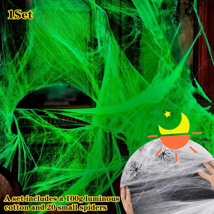 2025 Halloween Glowing Spider Webs – Luminous Cobweb & Spiders for Haunted House Decor