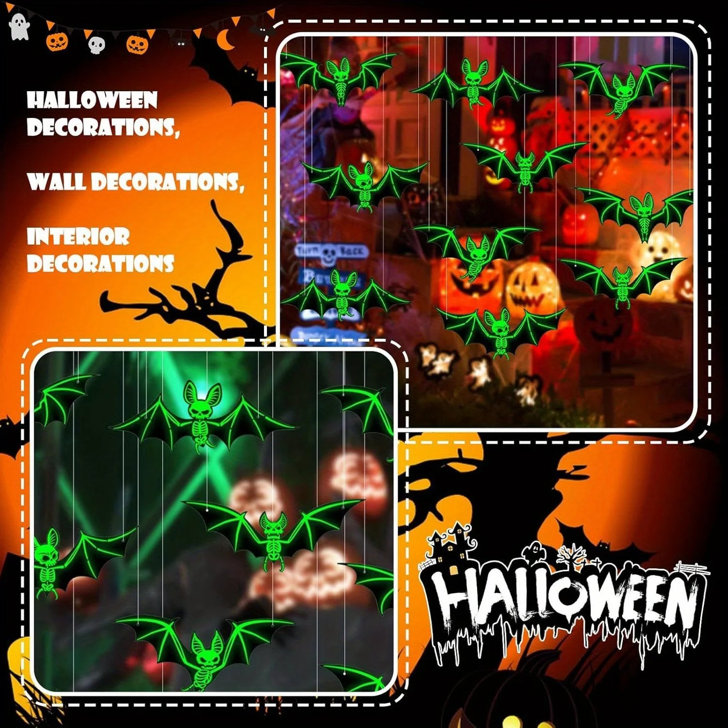 10pcs Glow-in-the-Dark 3D Bats – Green Hanging Halloween Decorations for Haunted Houses & Parties