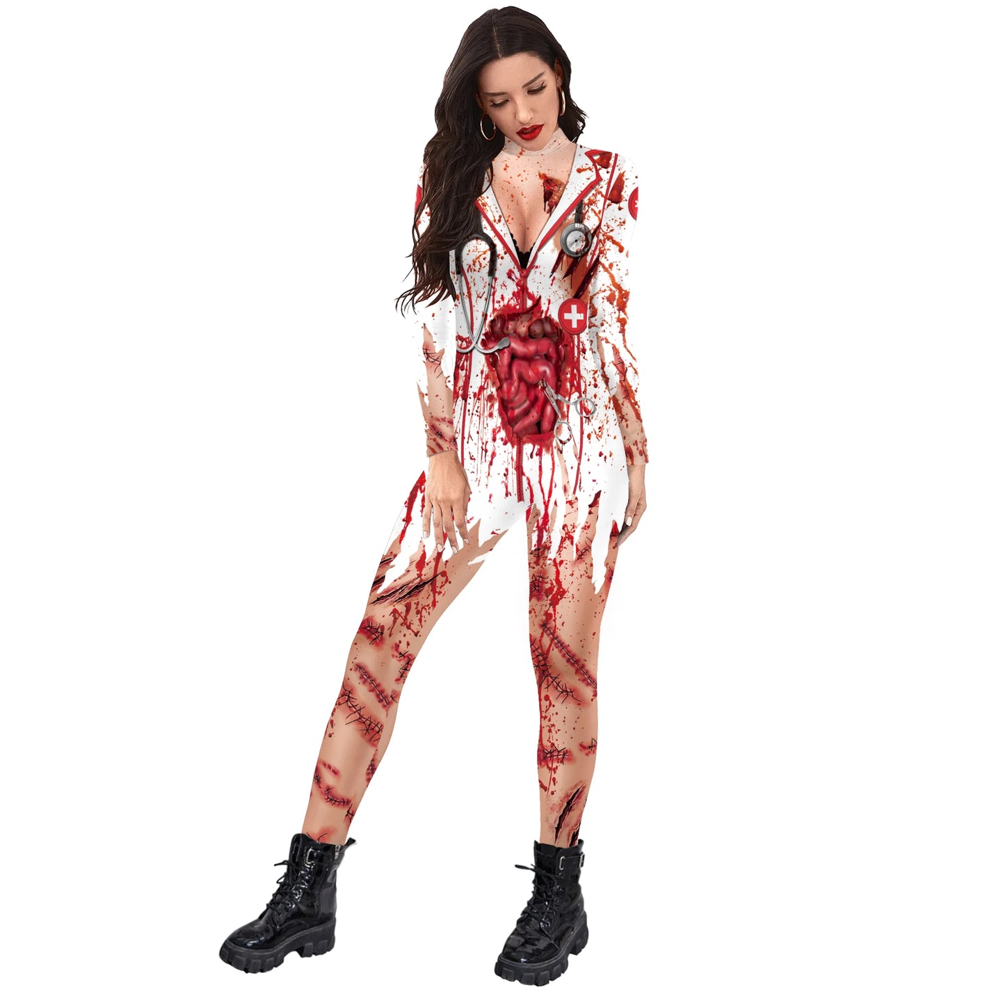 Women's Scary Bloody Print Bodysuit – Halloween Carnival Cosplay Romper