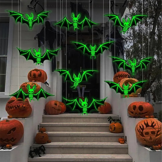 10pcs Glow-in-the-Dark 3D Bats – Green Hanging Halloween Decorations for Haunted Houses & Parties