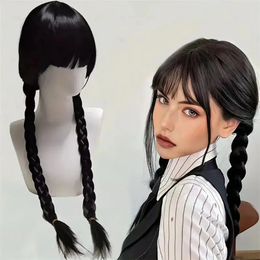 Wednesday Cosplay Wig for Girls – Long Black Braided Pigtails with Bangs