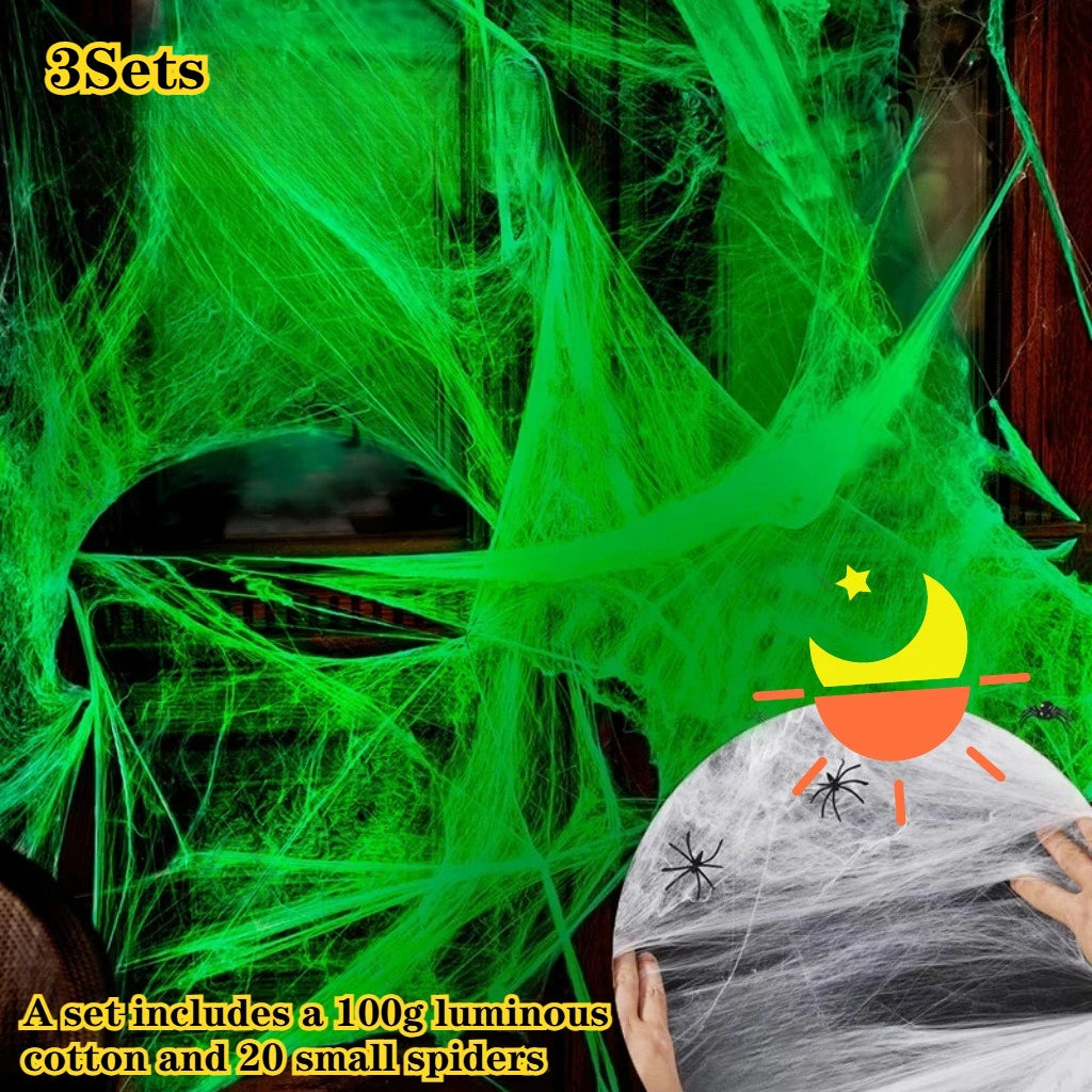 2025 Halloween Glowing Spider Webs – Luminous Cobweb & Spiders for Haunted House Decor