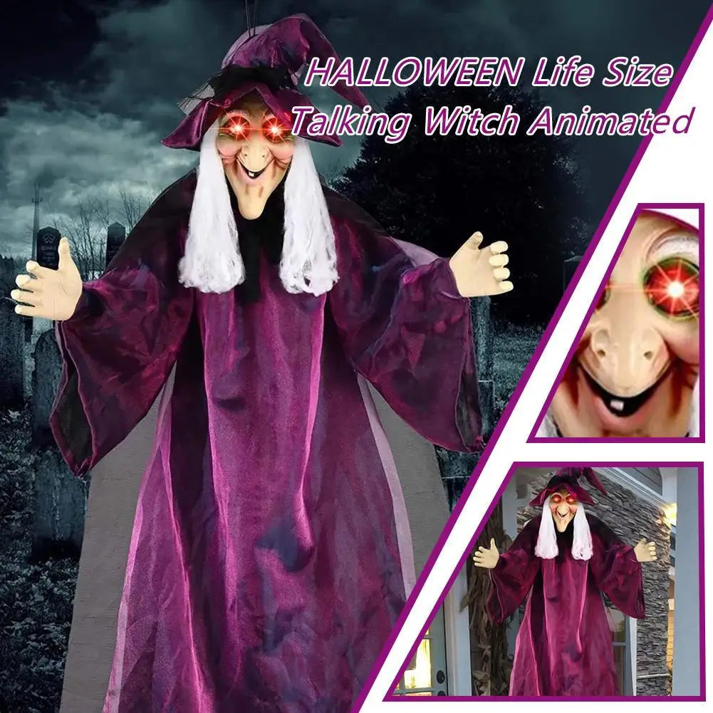 Life-Size Talking Witch – Voice-Controlled Animatronic with Glowing Eyes & Screams | Spooky Outdoor Halloween Decor