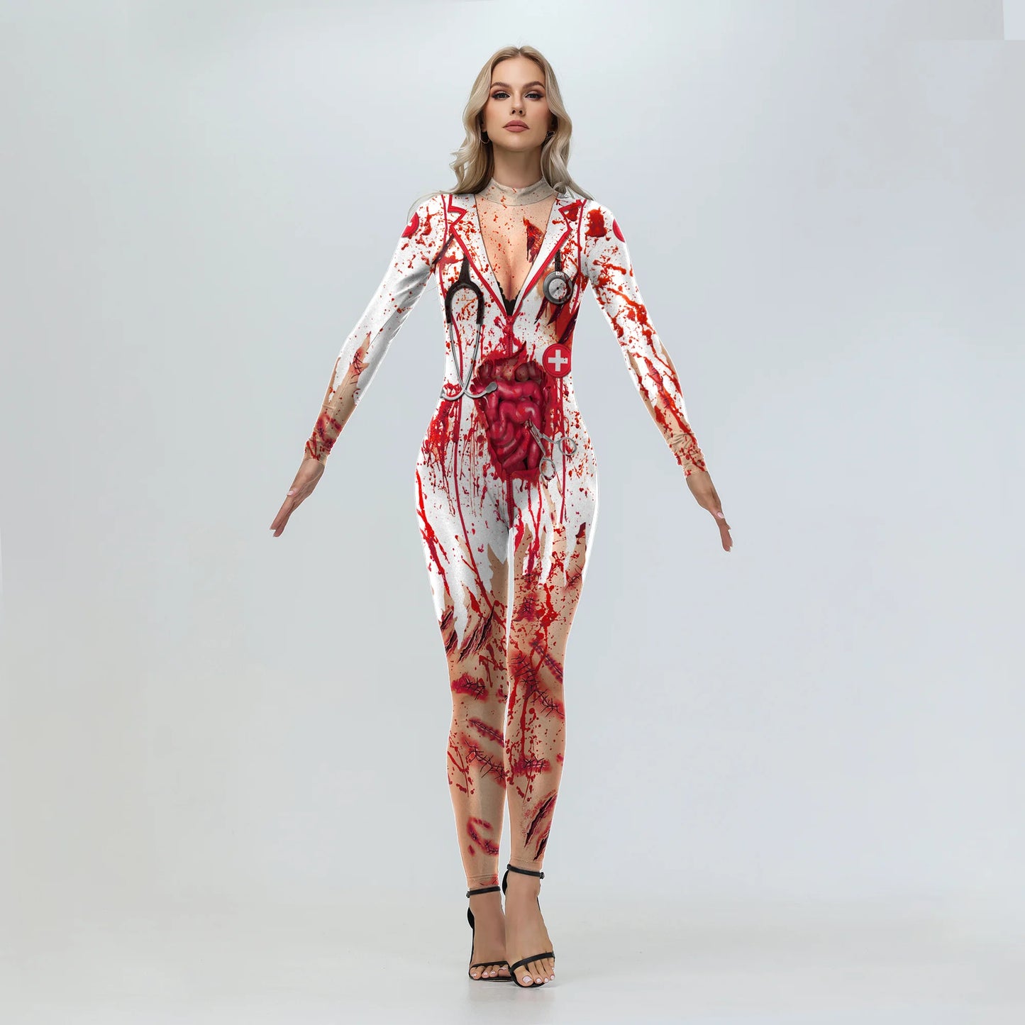 Women's Scary Bloody Print Bodysuit – Halloween Carnival Cosplay Romper