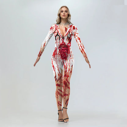 Women's Scary Bloody Print Bodysuit – Halloween Carnival Cosplay Romper