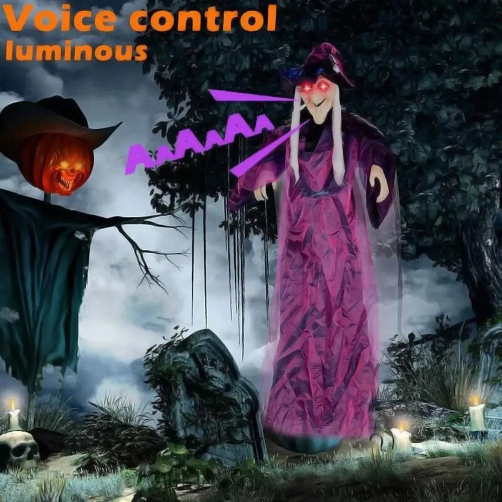 Life-Size Talking Witch – Voice-Controlled Animatronic with Glowing Eyes & Screams | Spooky Outdoor Halloween Decor