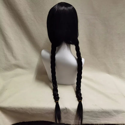 Wednesday Cosplay Wig for Girls – Long Black Braided Pigtails with Bangs