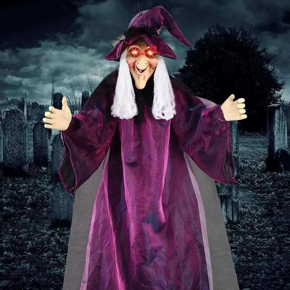 Life-Size Talking Witch – Voice-Controlled Animatronic with Glowing Eyes & Screams | Spooky Outdoor Halloween Decor