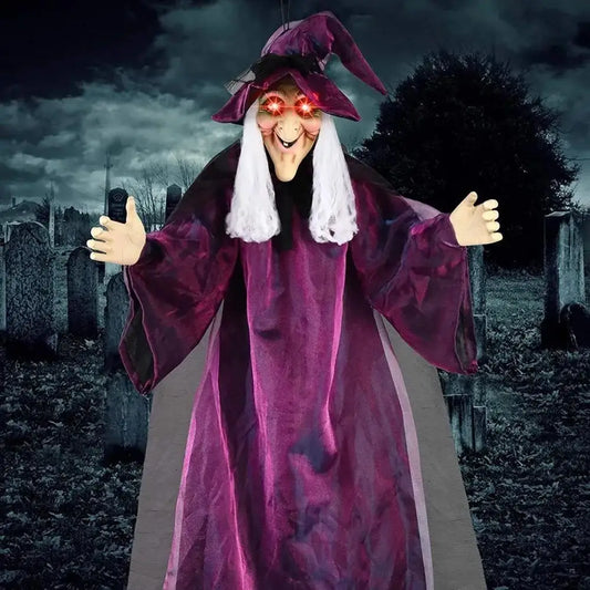 Life-Size Talking Witch – Voice-Controlled Animatronic with Glowing Eyes & Screams | Spooky Outdoor Halloween Decor