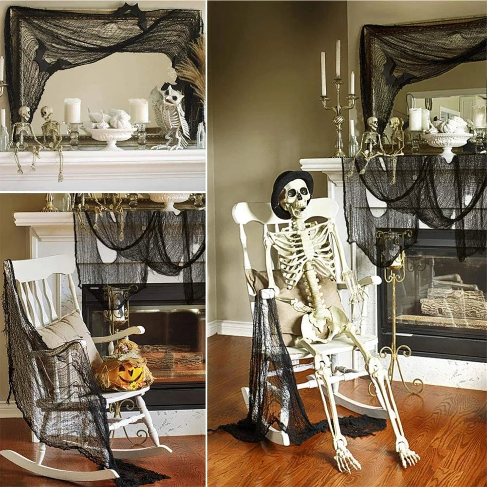76x183cm Black Creepy Halloween Gauze – Spooky Cloth for Window, Door, Wall, or Table Decor.