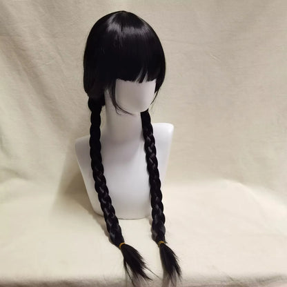 Wednesday Cosplay Wig for Girls – Long Black Braided Pigtails with Bangs