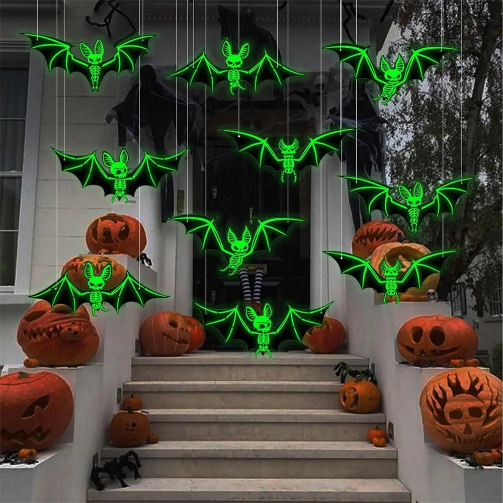 10pcs Glow-in-the-Dark 3D Bats – Green Hanging Halloween Decorations for Haunted Houses & Parties